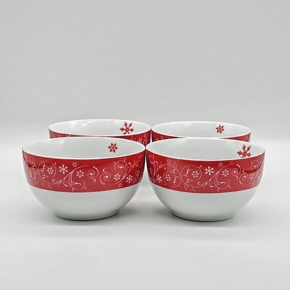 Clay Art Red Snowflake White Scroll Ceramic Bowls - Picture 3 of 7